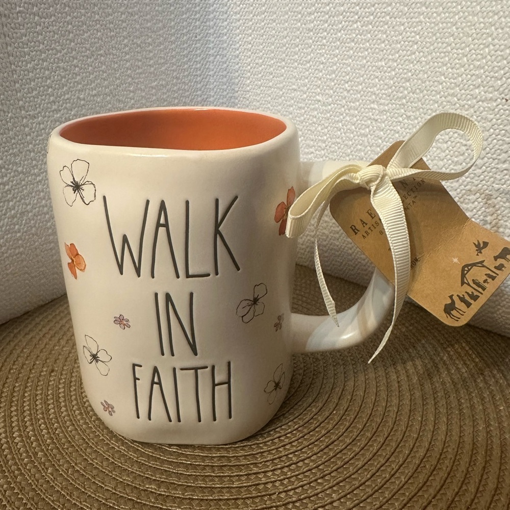 Rae Dunn Cream Mug with Orange Interior and Floral Design